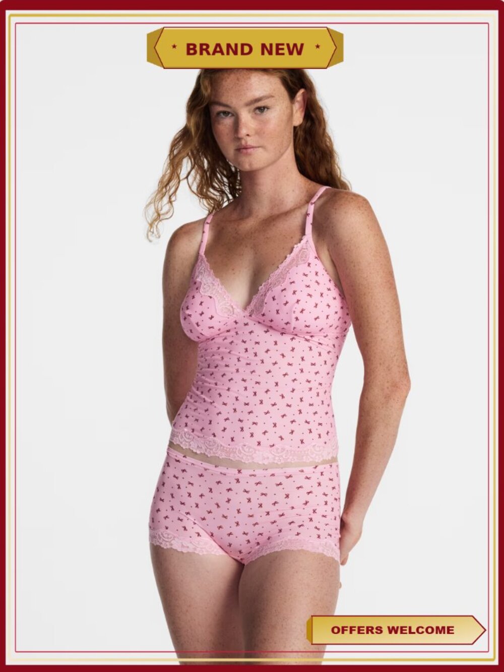 2-Piece Fit Stretch Lace Cami and Shorts Pajama Set, V-Neck, Adjustable Straps,